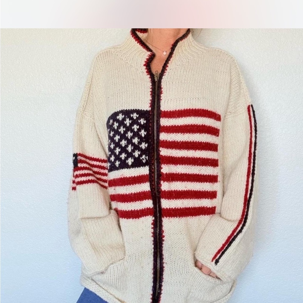 American Flag Wool Cream Zip-Front Sweater Sz L/XL